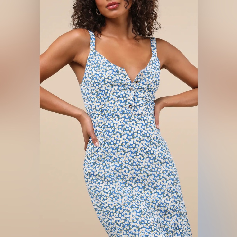 Lulus Darling Daisies Blue Floral Print Midi Dress - Size M - Picture 5 of 11
